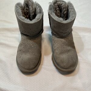 UGG Kids Gray Suede Short Boots with Plush Fur Trim